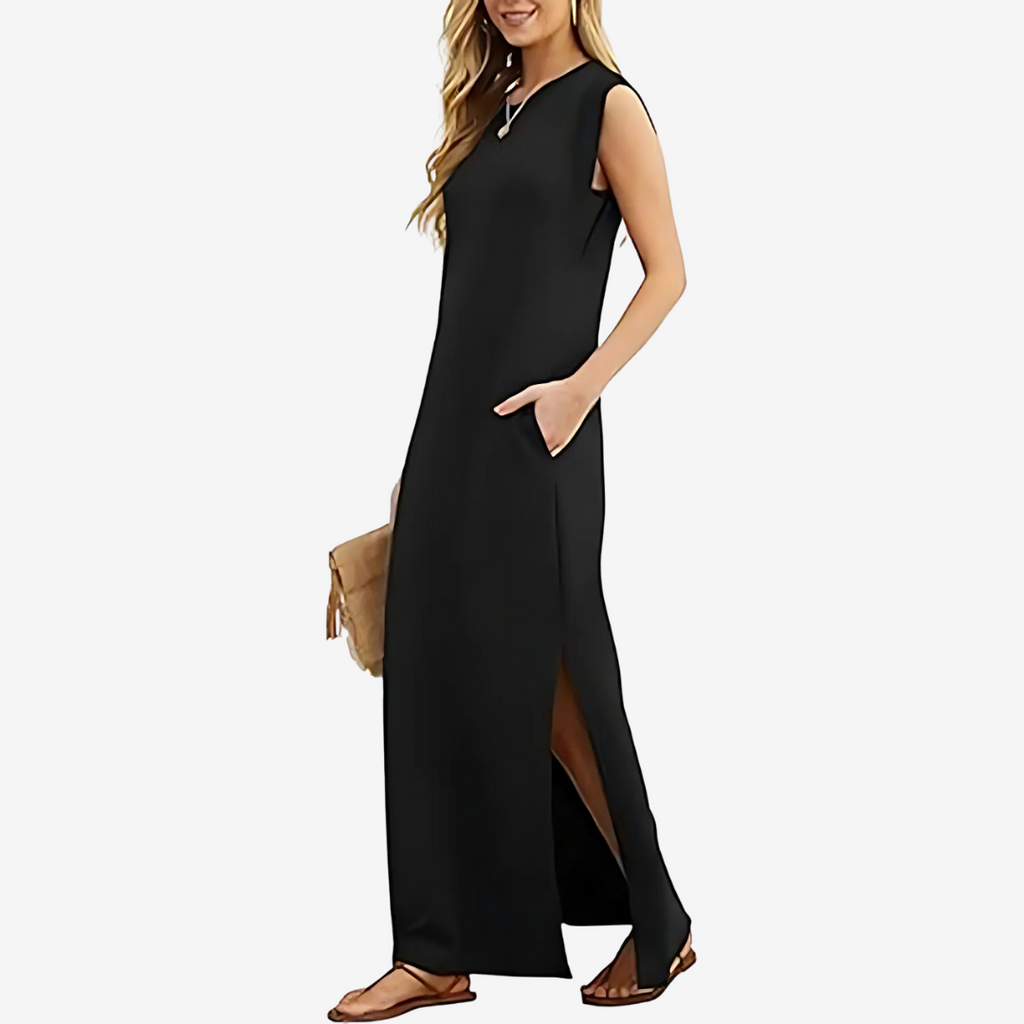 Camila - Vestido largo suelto con abertura y bolsillos