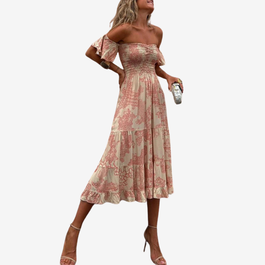 Sandra - Vestido con volantes y hombros descubiertos