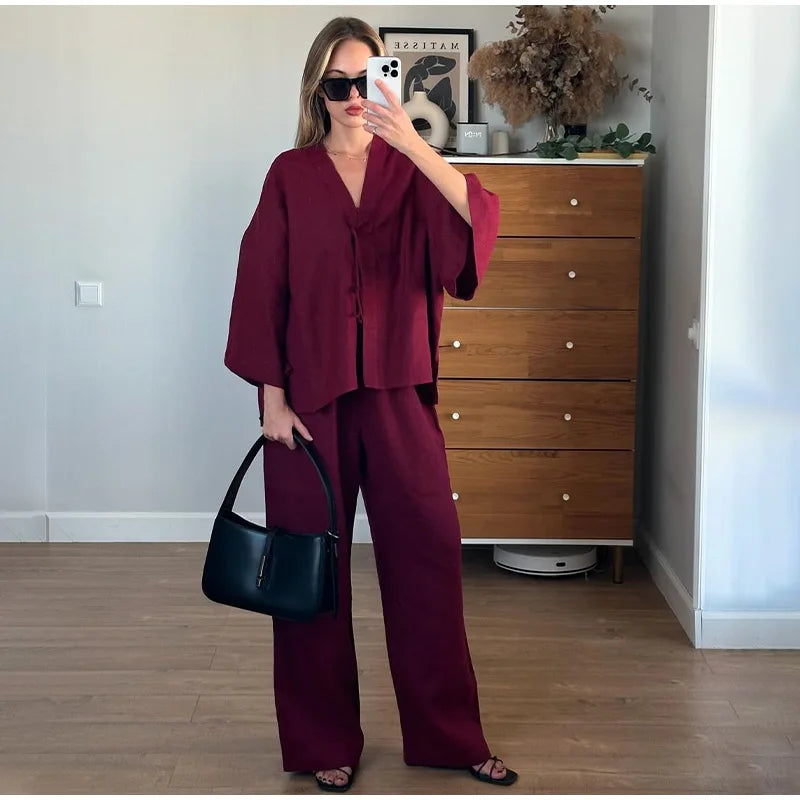 Camila - Conjunto de algodón con lazo y pantalón ancho