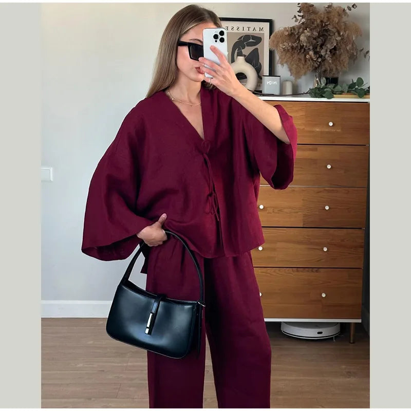 Camila - Conjunto de algodón con lazo y pantalón ancho